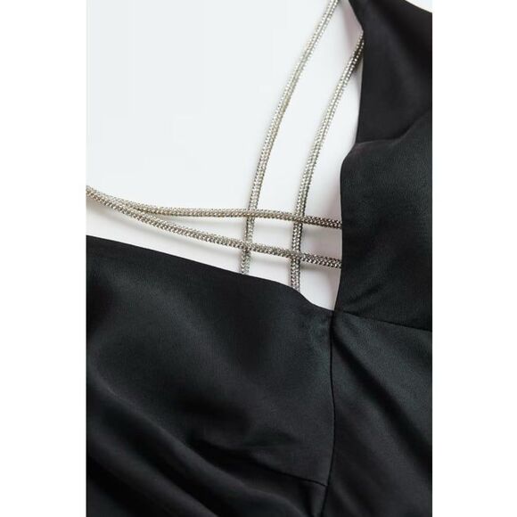 NWT H&M Rhinestone-Strap Satin Midi Dress in Black Size XL - Picture 8 of 12